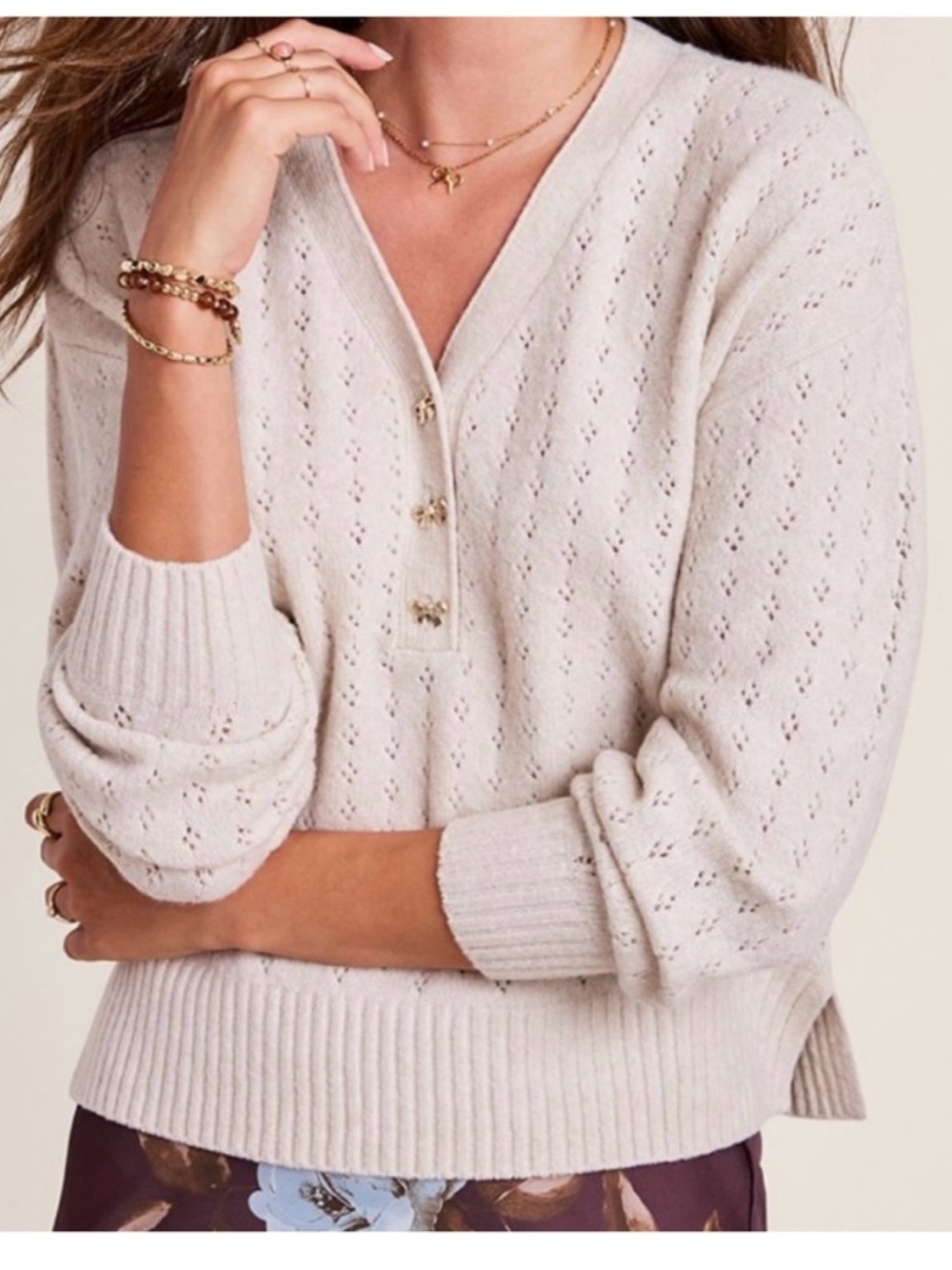 Pointelle Bow Button
Sweater